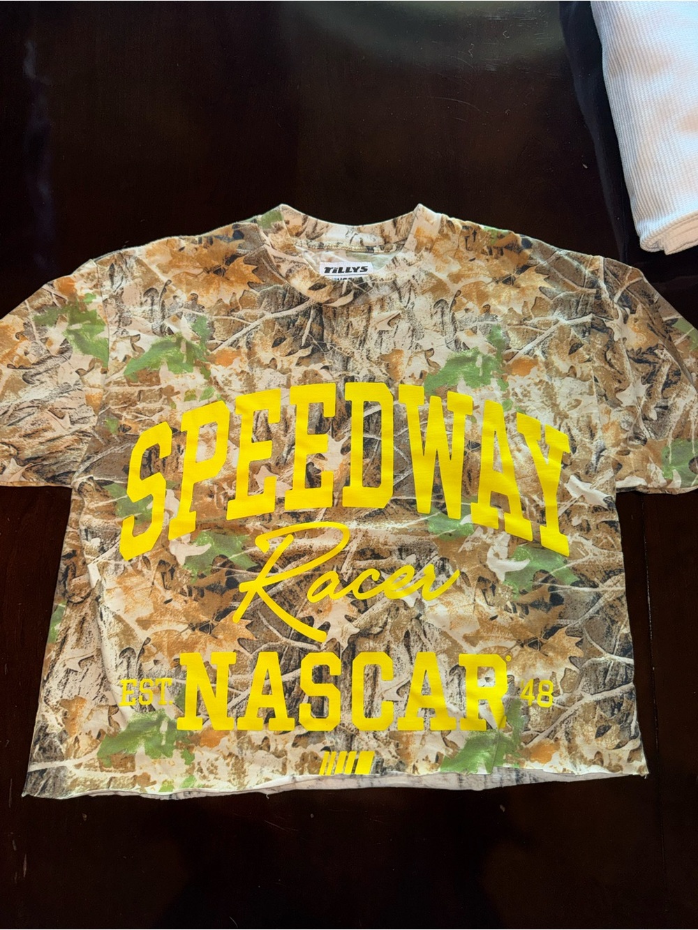 Tilly's Camo Short Sleeve Tee with Bright Yellow 'Speedway' Graphic